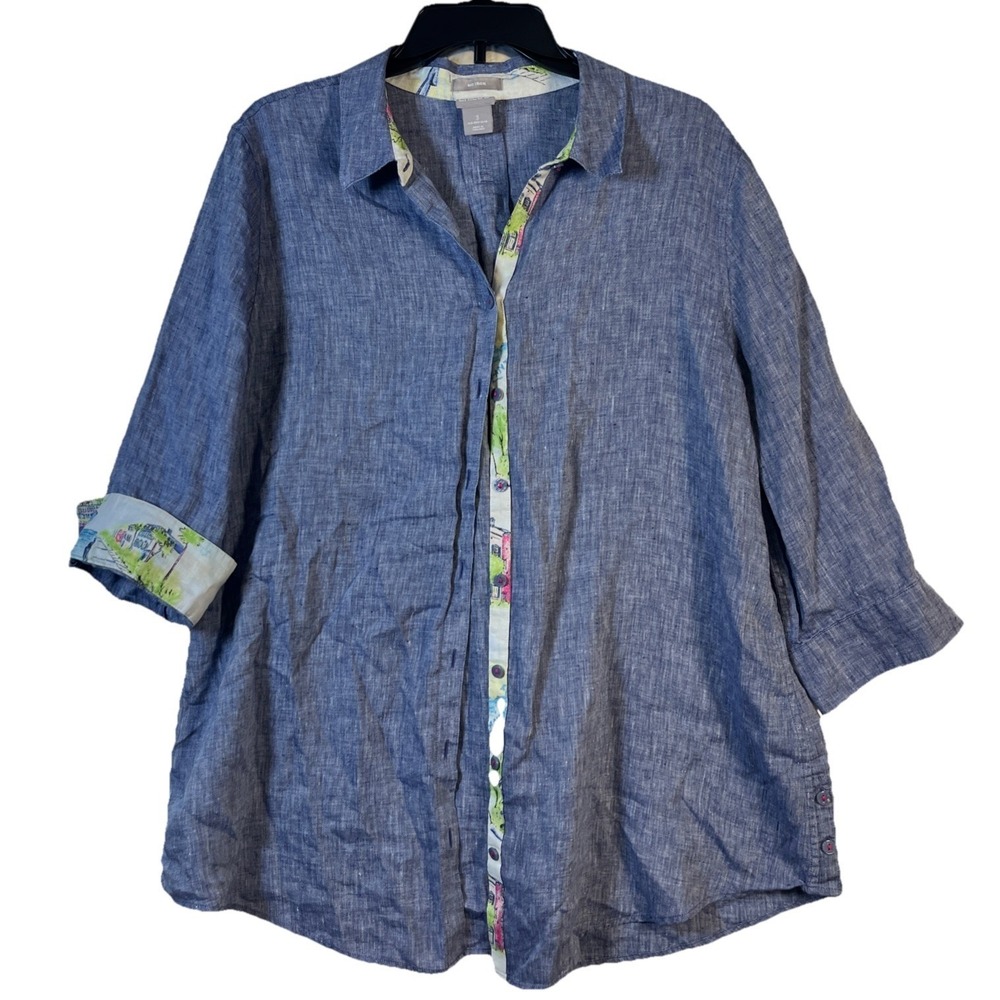 Chicos Sz 3 Women's XL Shirt 100% Linen Blue Chambray Coastal Beach Relaxed